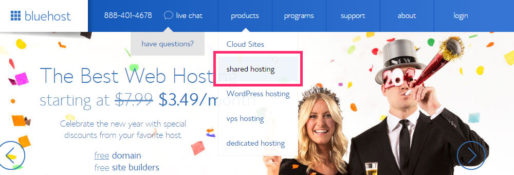 Bluehost's products menu.